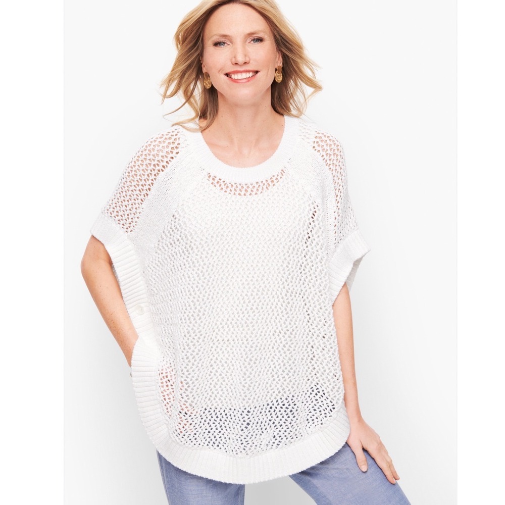 Talbots White Crochet Knit Poncho Sweater Top XS Button Side